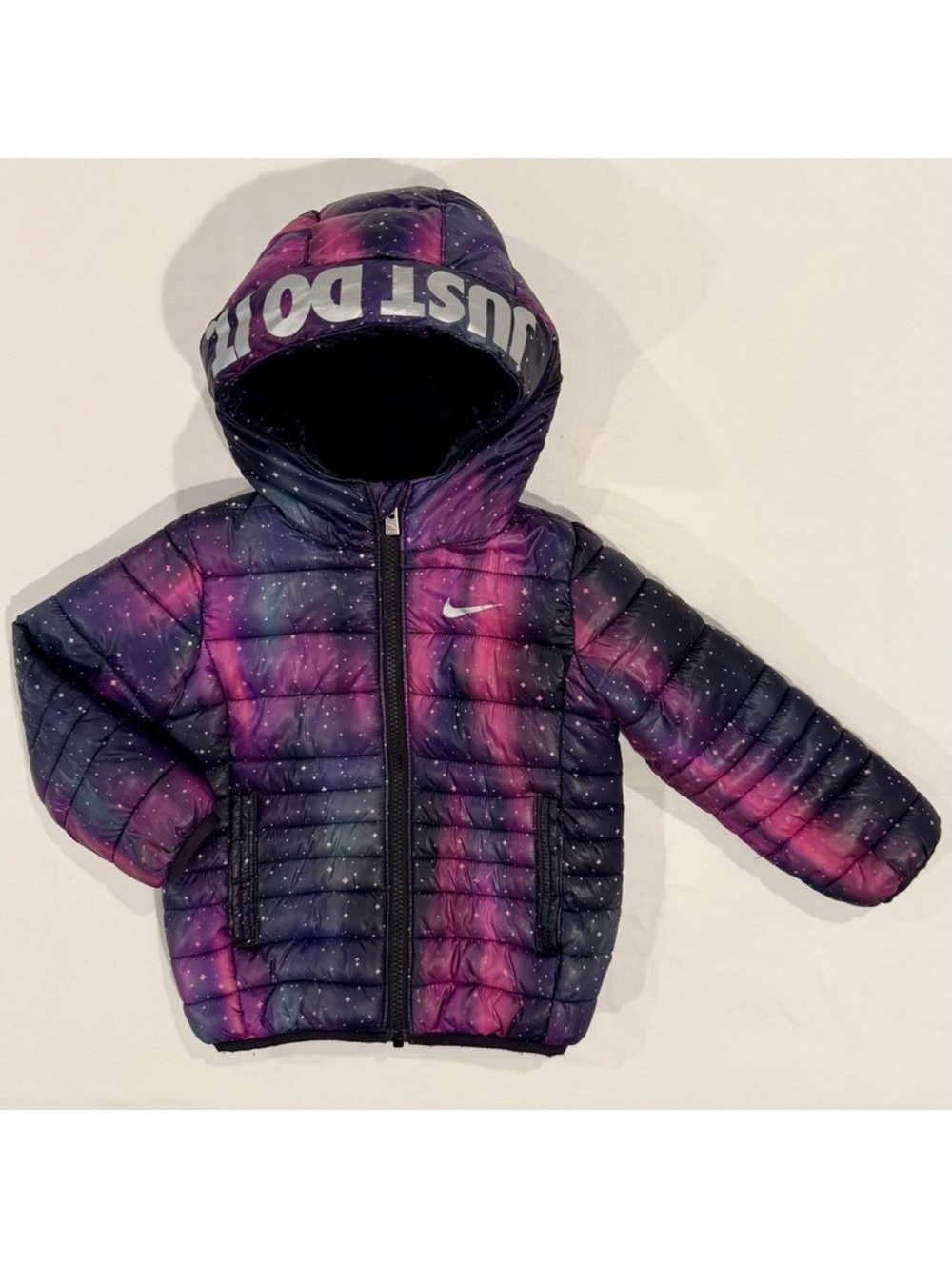 Nike Just Do It Puffer Jacket Girls 2T Boys Galaxy Printed Hooded Winter Coat